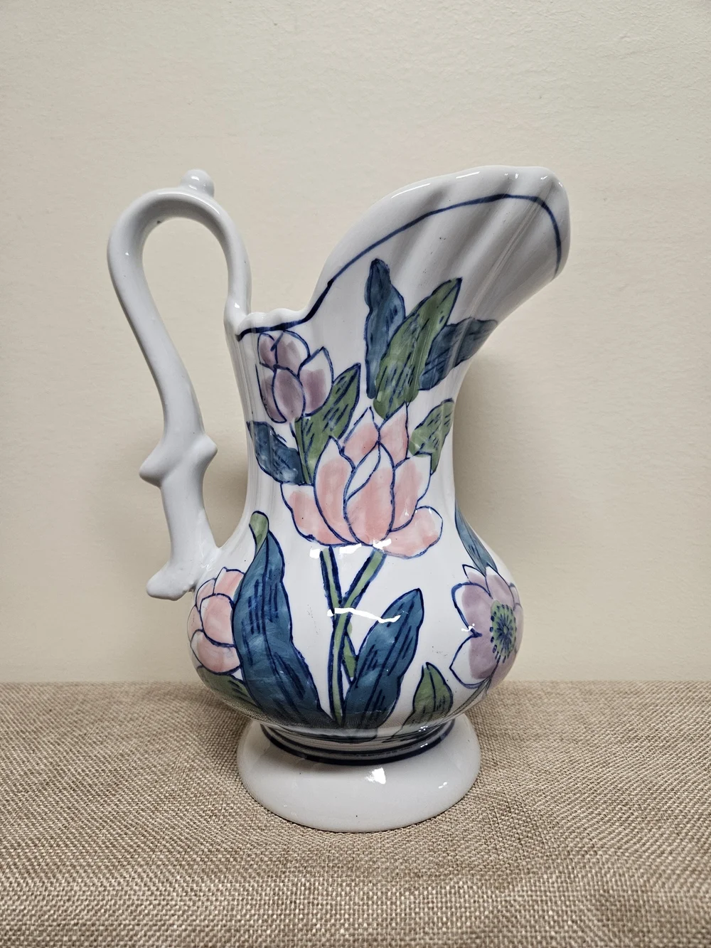 Vintage Hand-Painted Ceramic Floral Water Pitcher Vase